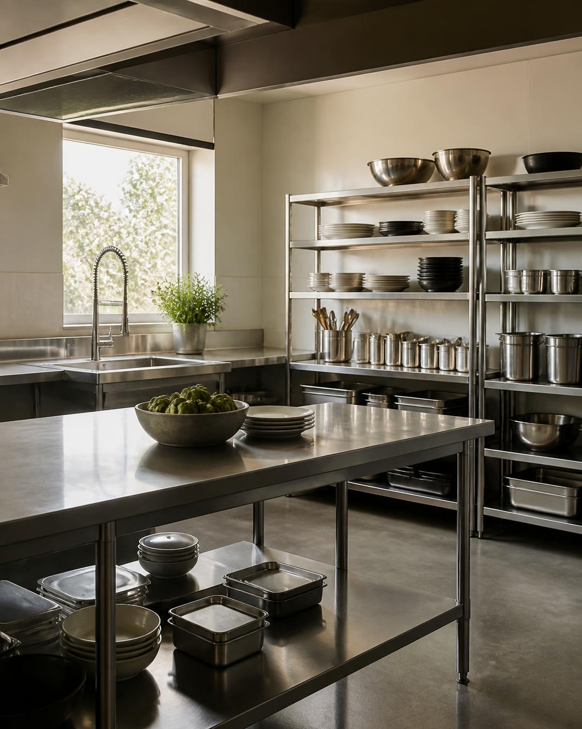 Stainless steel commercial kitchen workspace with work tables and storage shelving