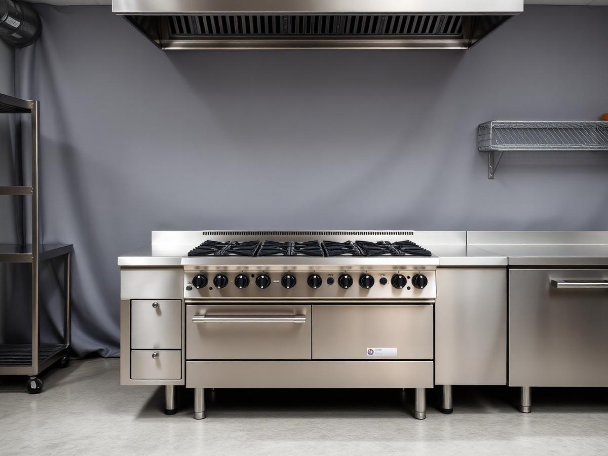 Commercial stainless steel cooking range in a professional kitchen in Siliguri