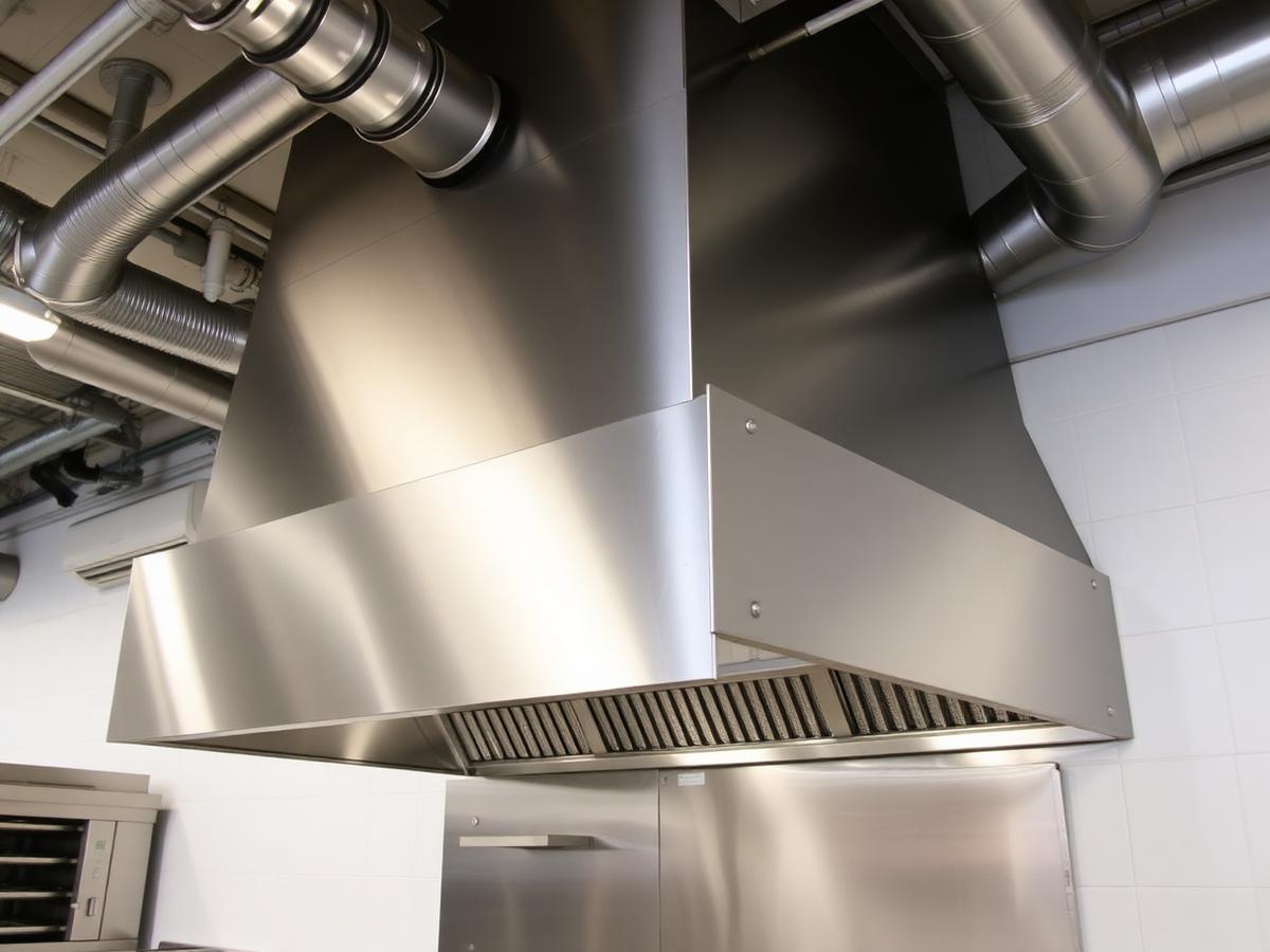 Stainless steel commercial kitchen exhaust hood with ducting
