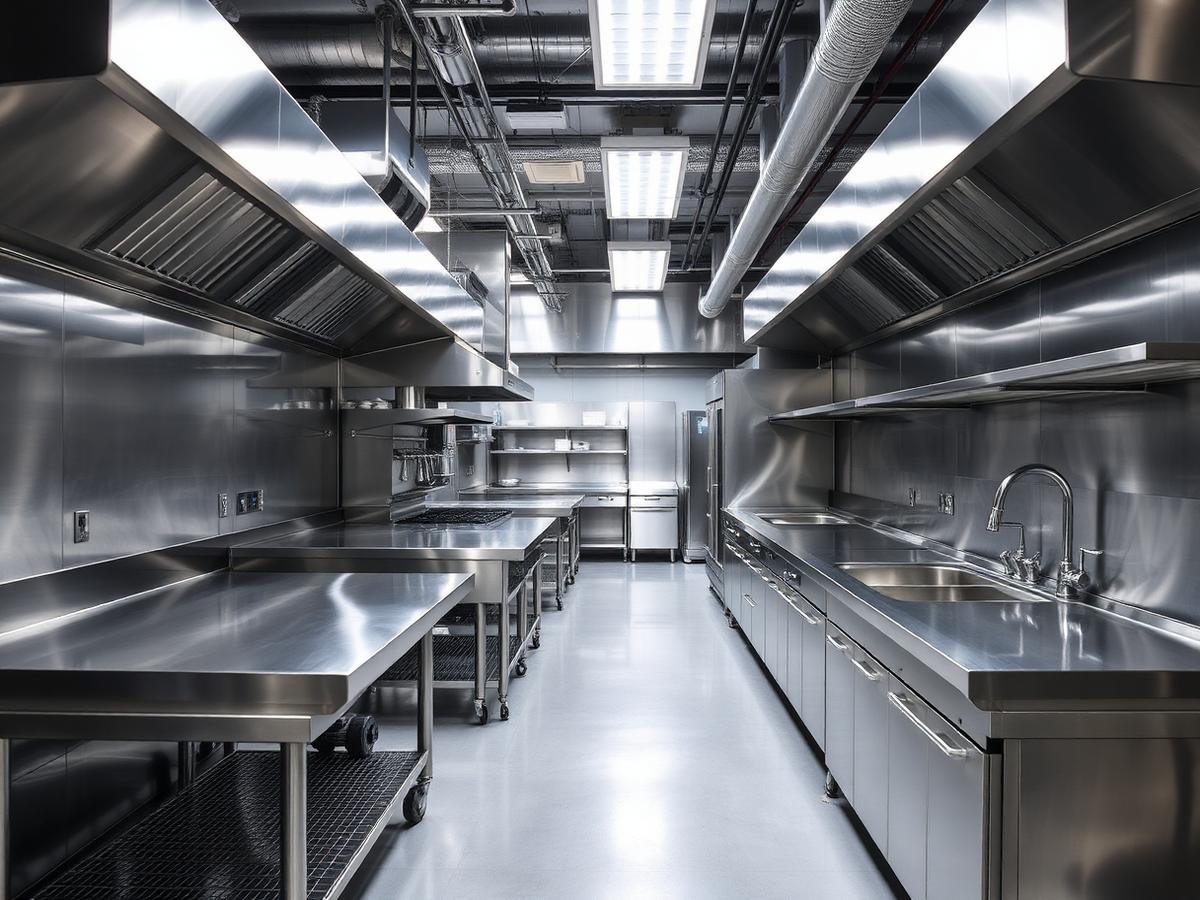 Stainless steel kitchen fabrication with work tables and sinks