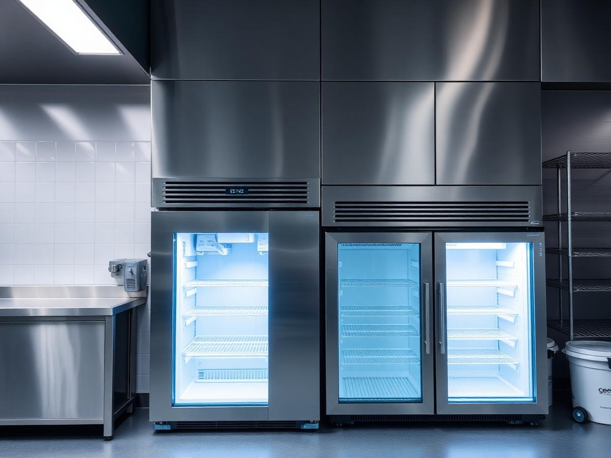 Commercial stainless steel refrigeration units in a professional kitchen