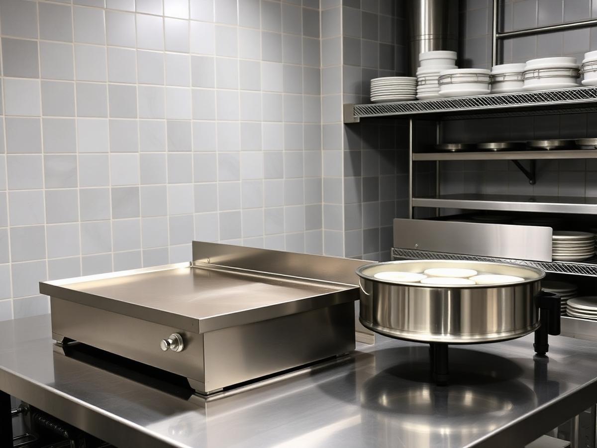 Commercial dosa plate and idli steamer in a stainless steel kitchen