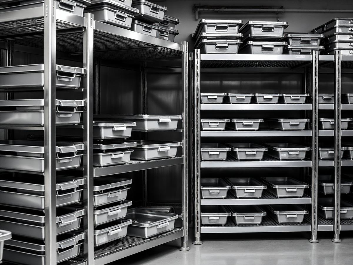 Stainless steel commercial kitchen storage racks with trays