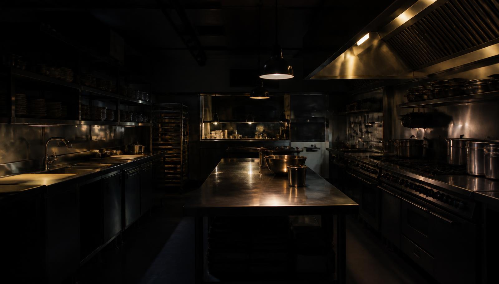 Dark professional commercial kitchen with stainless steel equipment