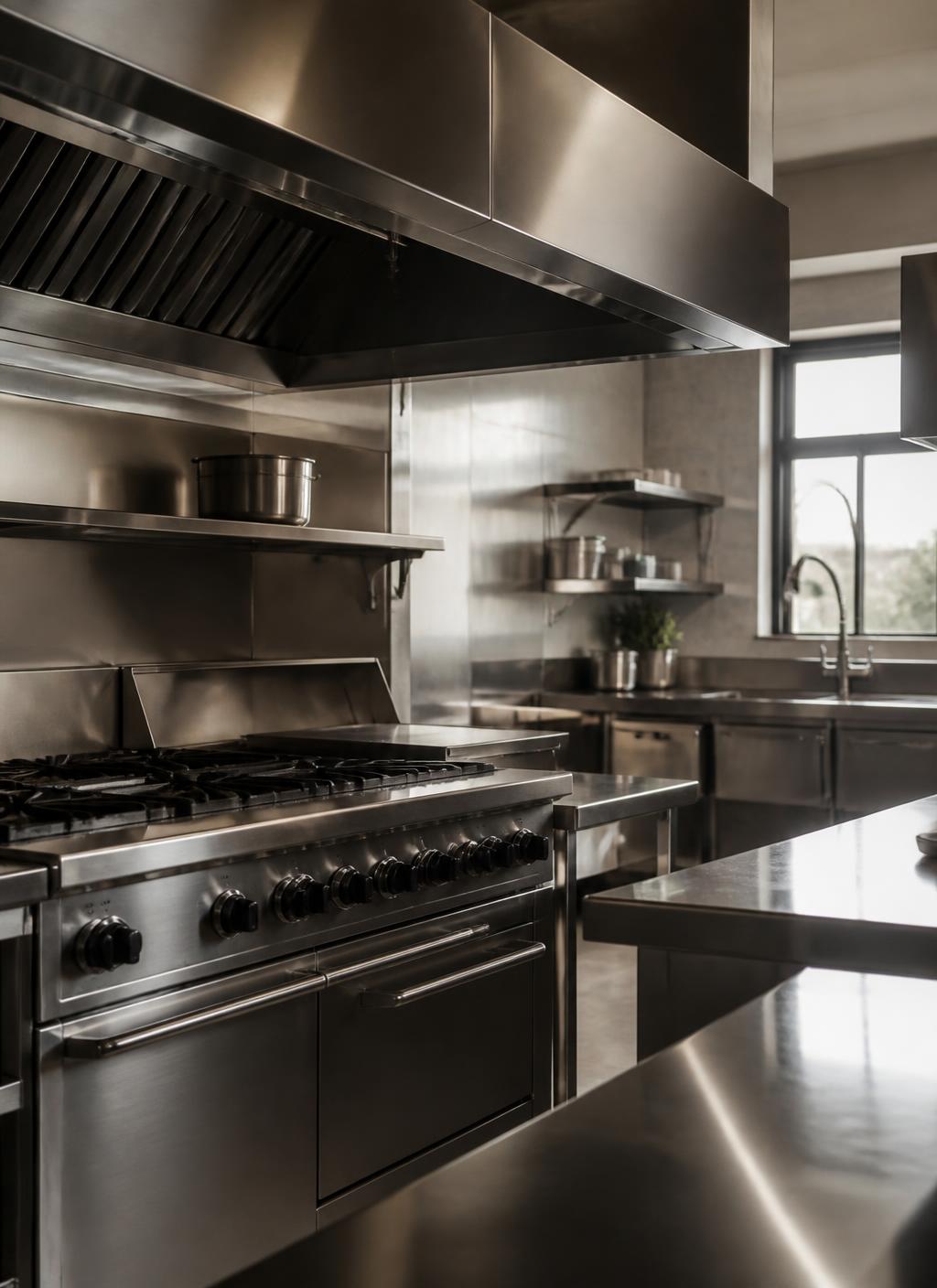 Stainless steel commercial kitchen with cooking range and exhaust hood