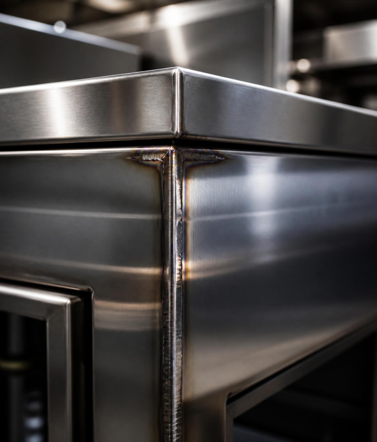 Close-up of welded stainless steel commercial kitchen equipment fabrication